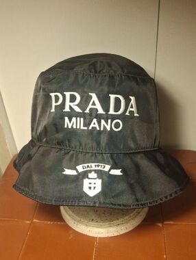 PRADA Milano Black Logo Rain Bucket Hat